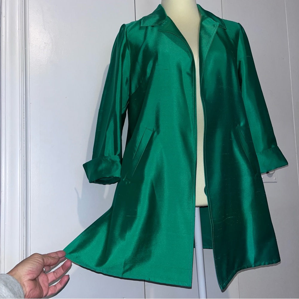 Dupioni Silk Emerald Green Open Wear Artists Smock Style Shirt Jacket